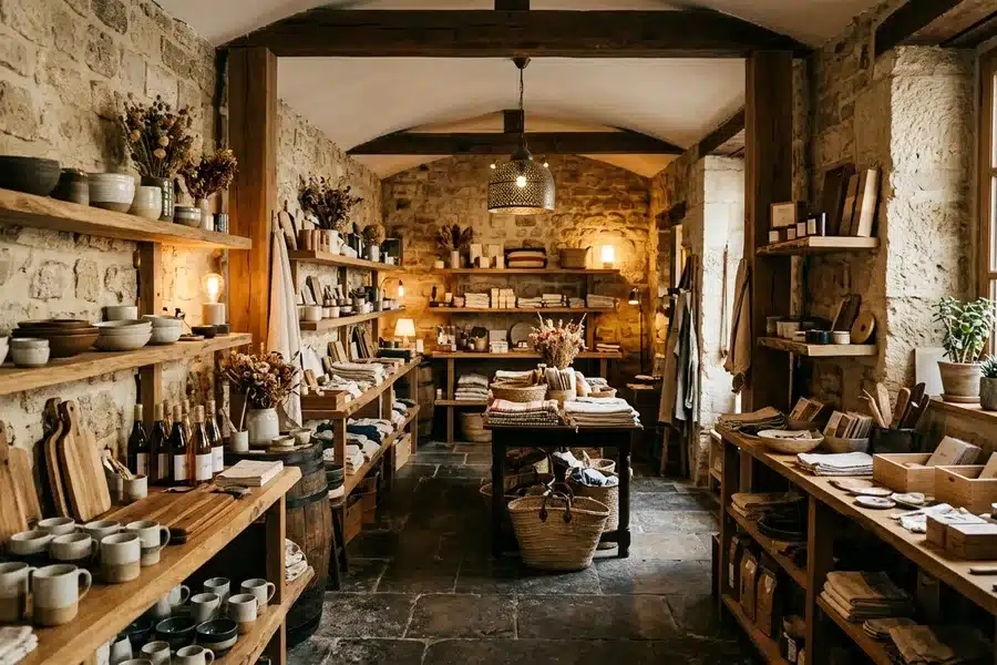 Bercy Village - Boutique dans un chai Boutique artisanale dans un ancien chai réhabilité à Bercy Village, murs en pierres apparentes et rayonnages en bois
