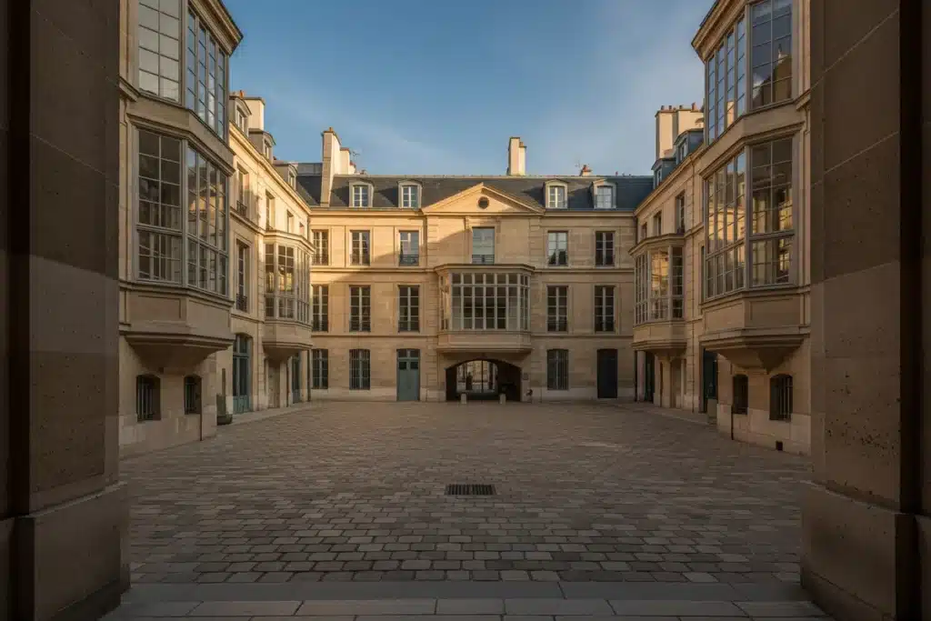 Cour Saint-Émilion à Bercy Village, façades en pierres de taille et pavés, 12e arrondissement de Paris