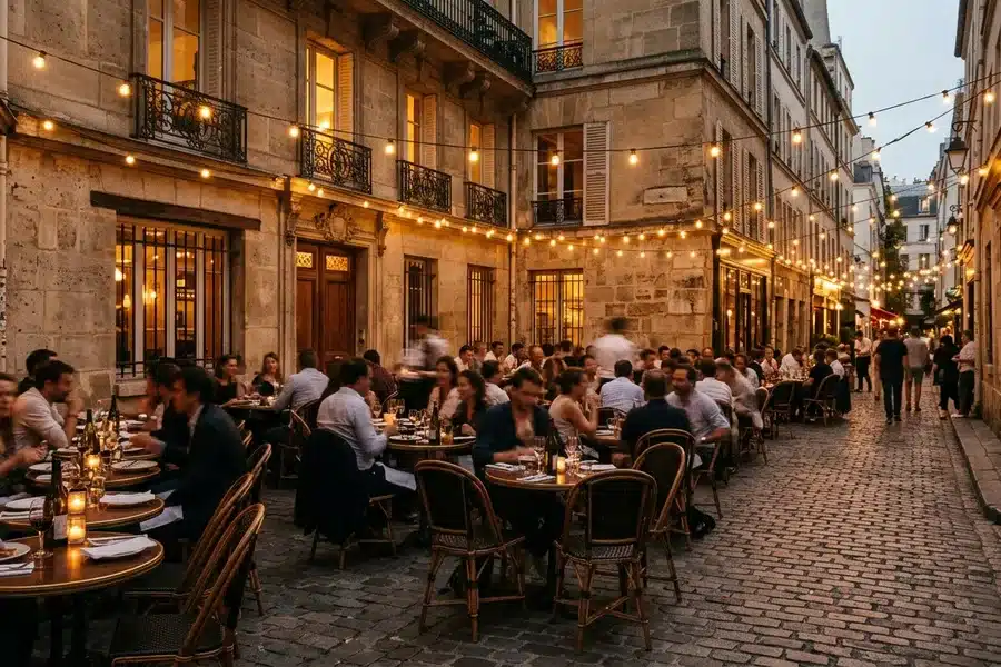 Bercy Village - Terrasse restaurant soirée Terrasse d'un restaurant à Bercy Village en soirée, tables bistrot sur les pavés de la Cour Saint-Émilion