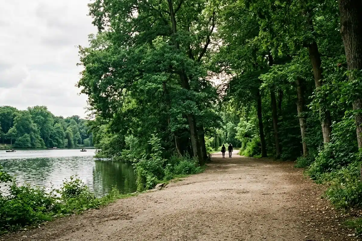 Allée du bois de Vincennes Allée forestière longeant un lac dans le bois de Vincennes avec des promeneurs au loin