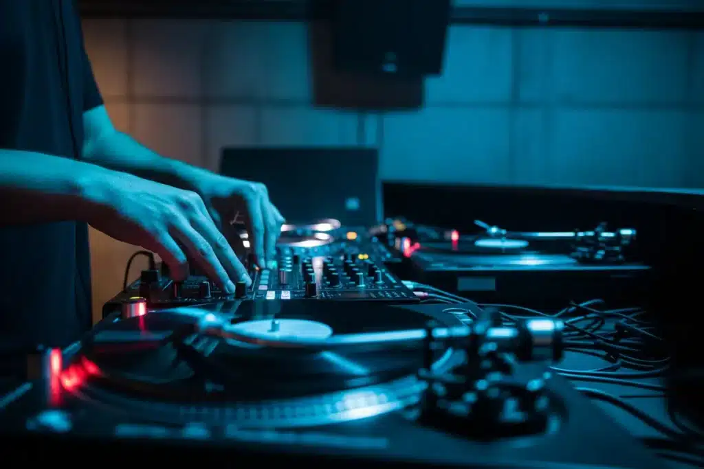 Mains d'un DJ sur ses platines dans une boîte techno à Paris, lumières bleues, décor industriel