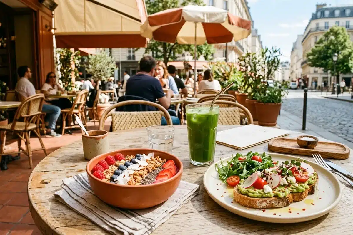 Brunch végétarien sur terrasse parisienne ensoleillée avec smoothie bowl aux fruits rouges, toast avocat et jus vert