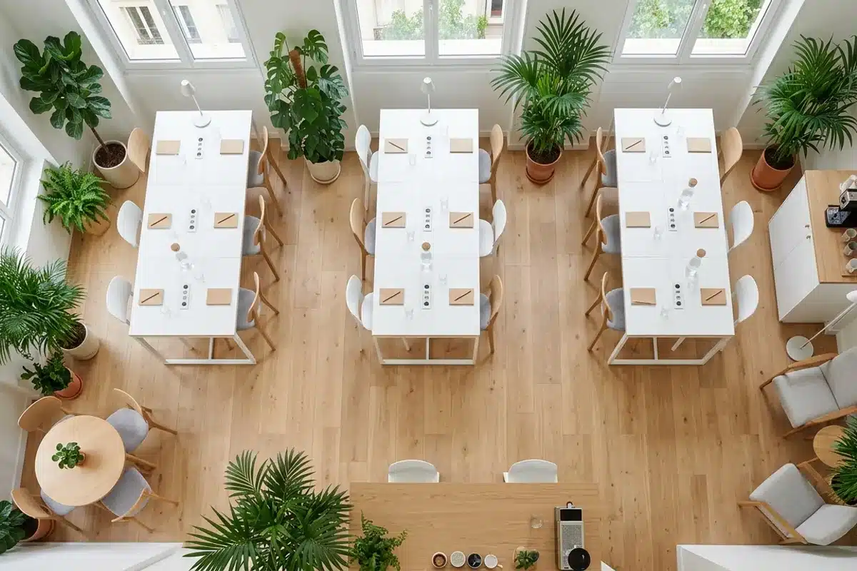 Espace de travail dans un café-coworking parisien, vue de dessus, bureaux blancs avec prises et plantes vertes