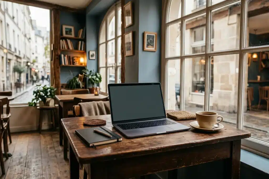 café où travailler paris : table de travail avec ordinateur dans un coffee shop parisien lumineux