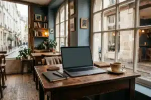café où travailler paris : table de travail avec ordinateur dans un coffee shop parisien lumineux