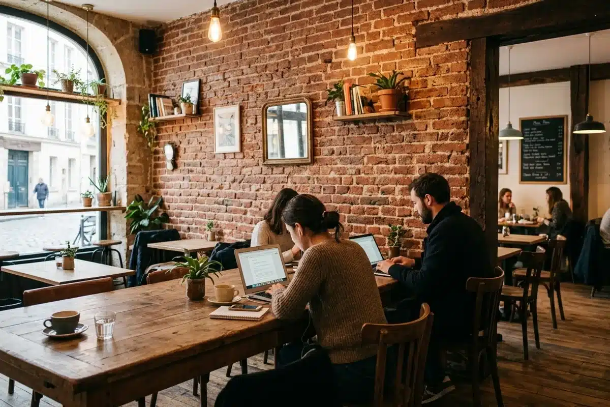 Intérieur d'un café parisien avec briques apparentes et clients travaillant sur ordinateur autour d'une grande table