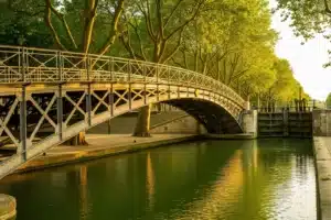 Passerelle métallique sur le canal Saint-Martin à Paris, reflets verts sur l'eau et platanes centenaires