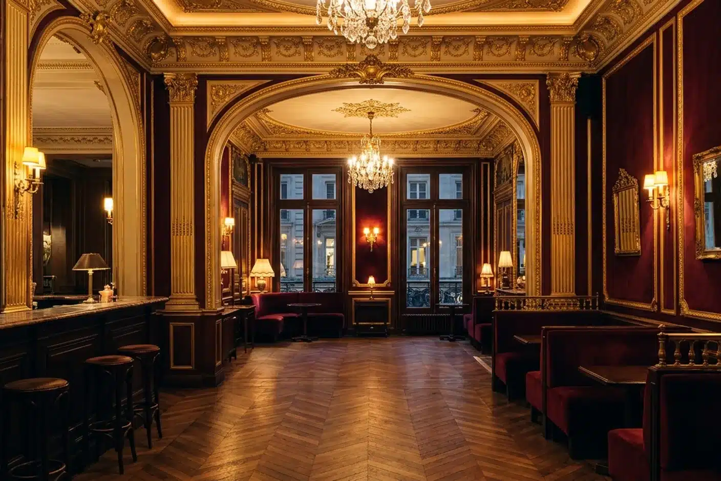 Intérieur d'un club parisien de style hôtel particulier, décor rococo avec velours bordeaux et lumières dorées