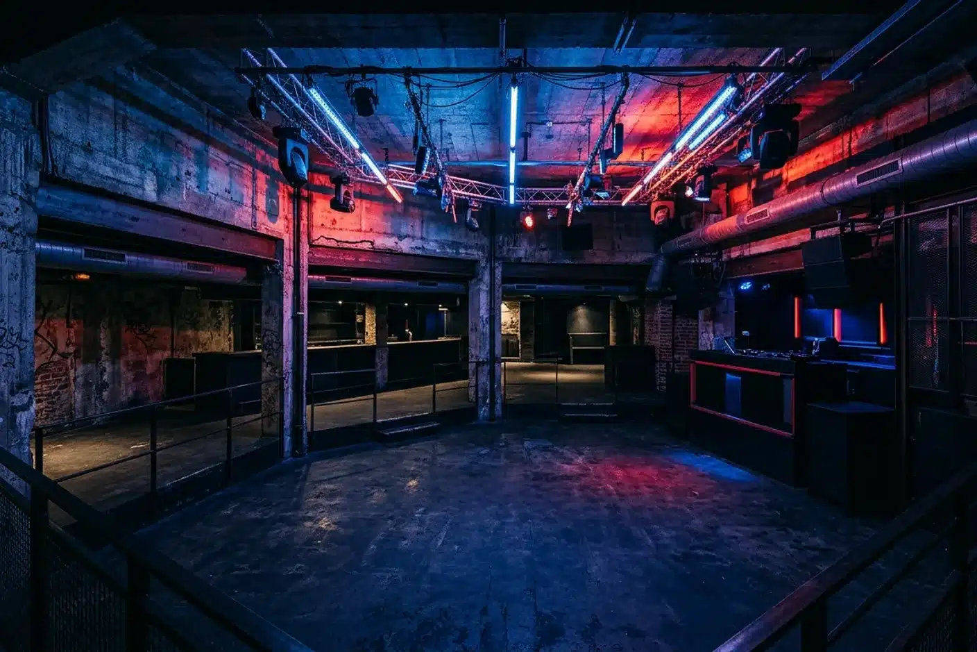 Intérieur de club parisien avec piste de danse et lumières LED bleues et rouges