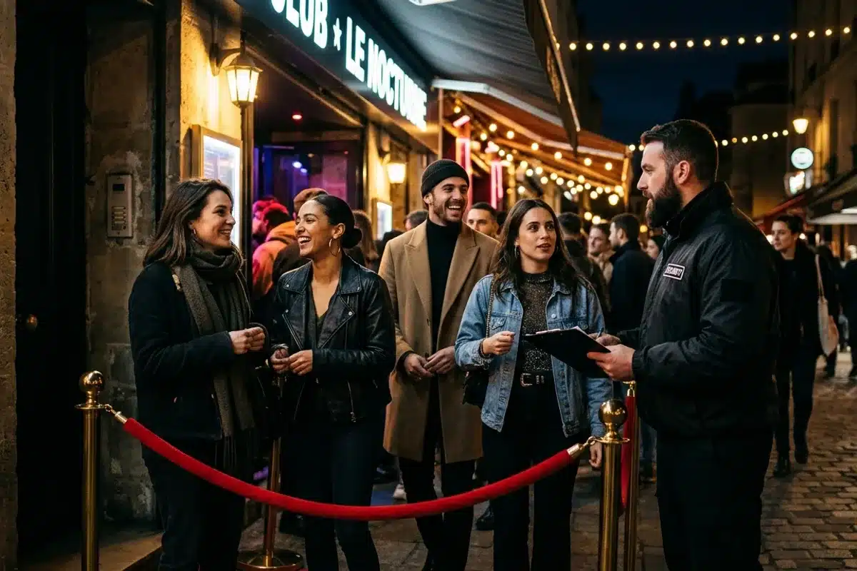 Entree d un club parisien la nuit groupe de personnes devant l entree d un club parisien, corde velours rouge et portier