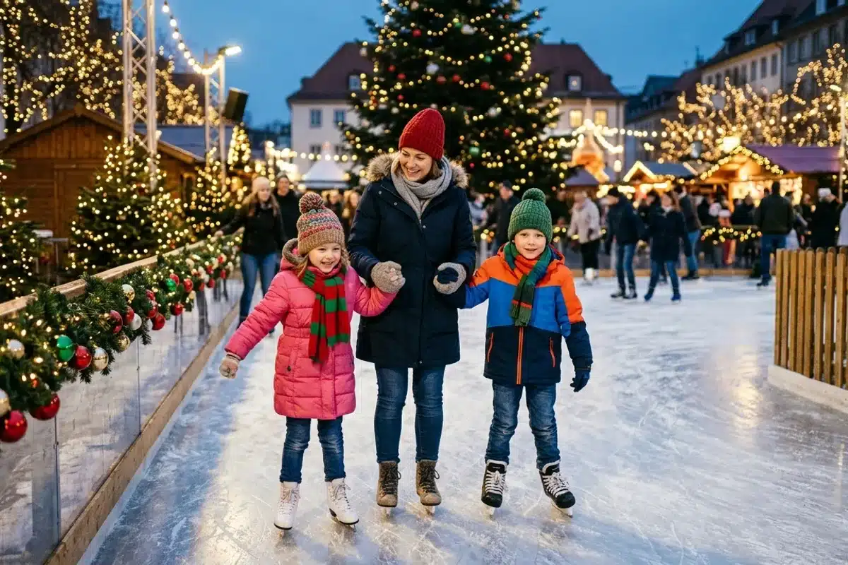 Deux enfants en manteaux colorés apprenant à patiner sur piste extérieure décorée de guirlandes