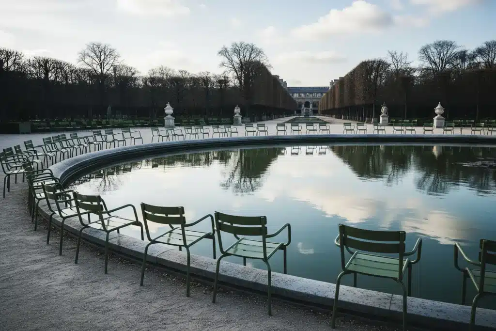 Jardin des Tuileries : le Grand Bassin avec ses chaises vertes, Paris
