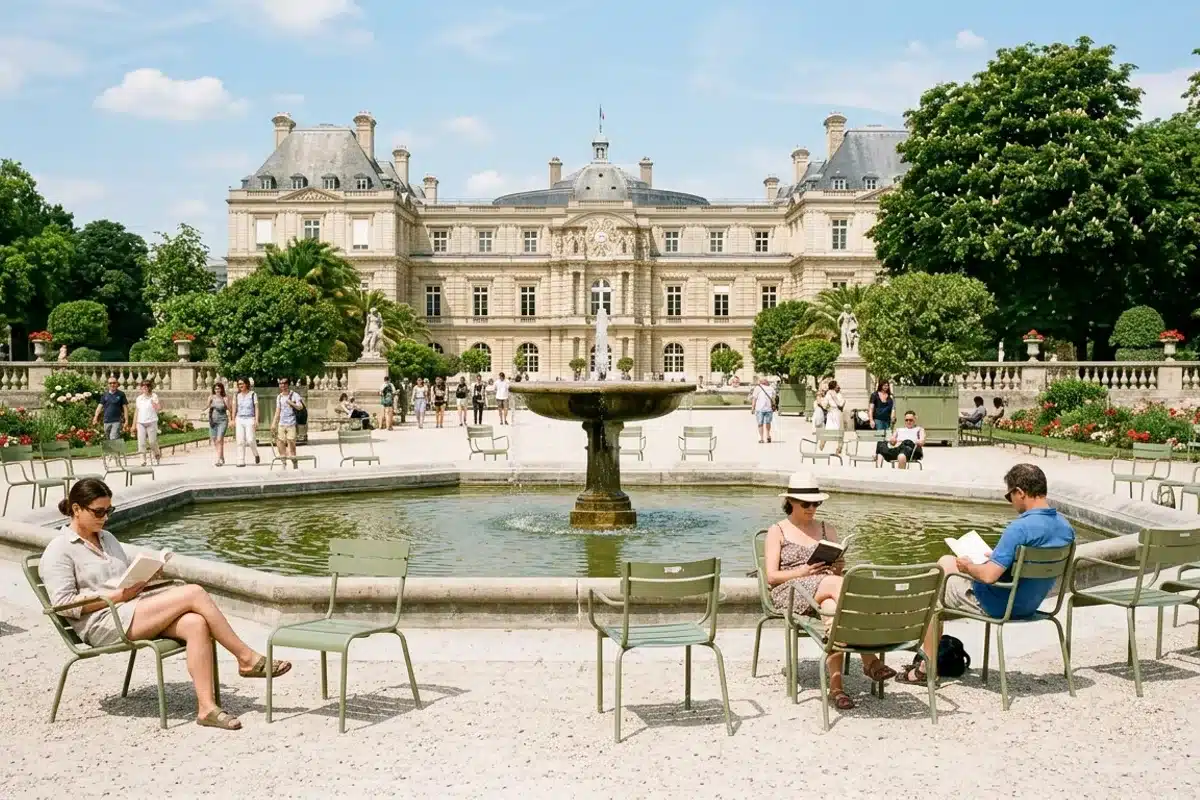 Jardin du Luxembourg et son bassin Chaises vertes autour du grand bassin du jardin du Luxembourg, palais du Sénat en arrière-plan