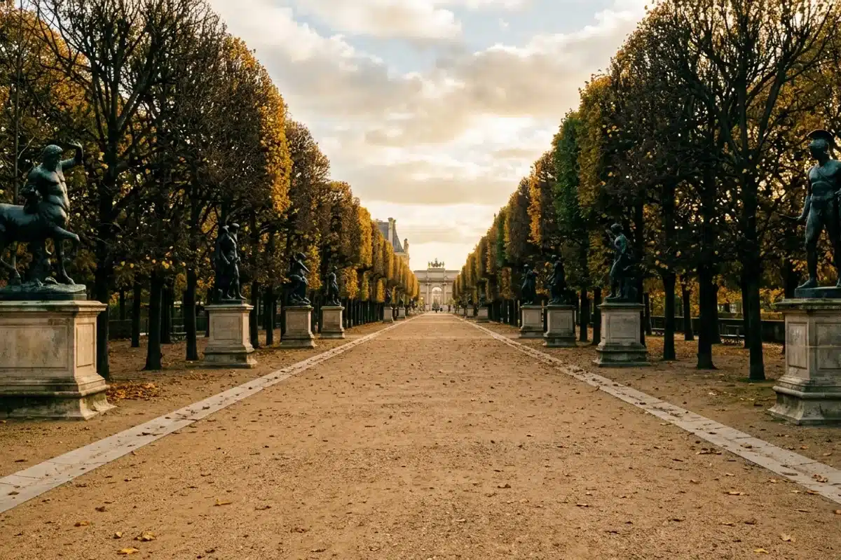 Sculptures dans les allées du jardin des Tuileries Allée du jardin des Tuileries bordée de sculptures de Maillol sur piédestaux, Paris