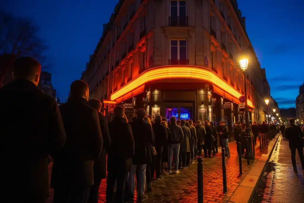 Entrée d'une boîte de nuit parisienne la nuit, file d'attente devant la façade illuminée