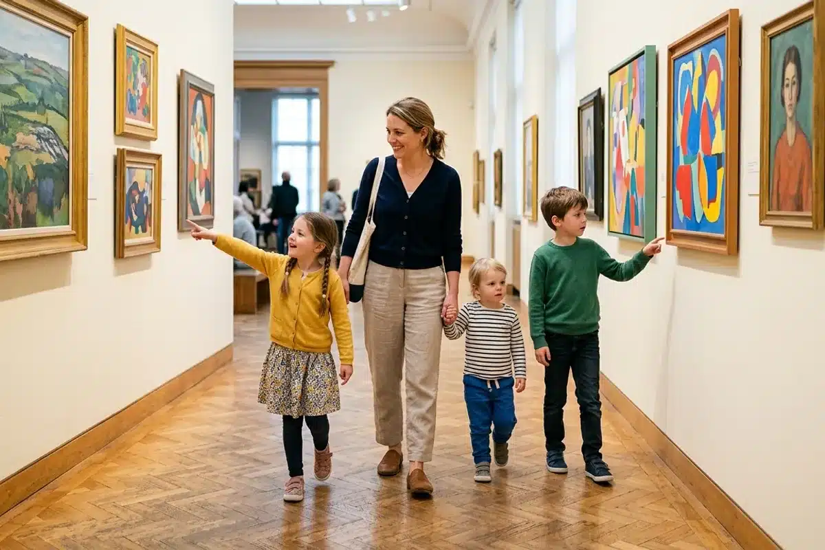 Enfants explorant les collections d'un musée gratuit à Paris, accompagnés d'un parent