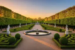 Parcs et jardins de Paris : allée d'un jardin à la française avec bassin et statues au coucher du soleil
