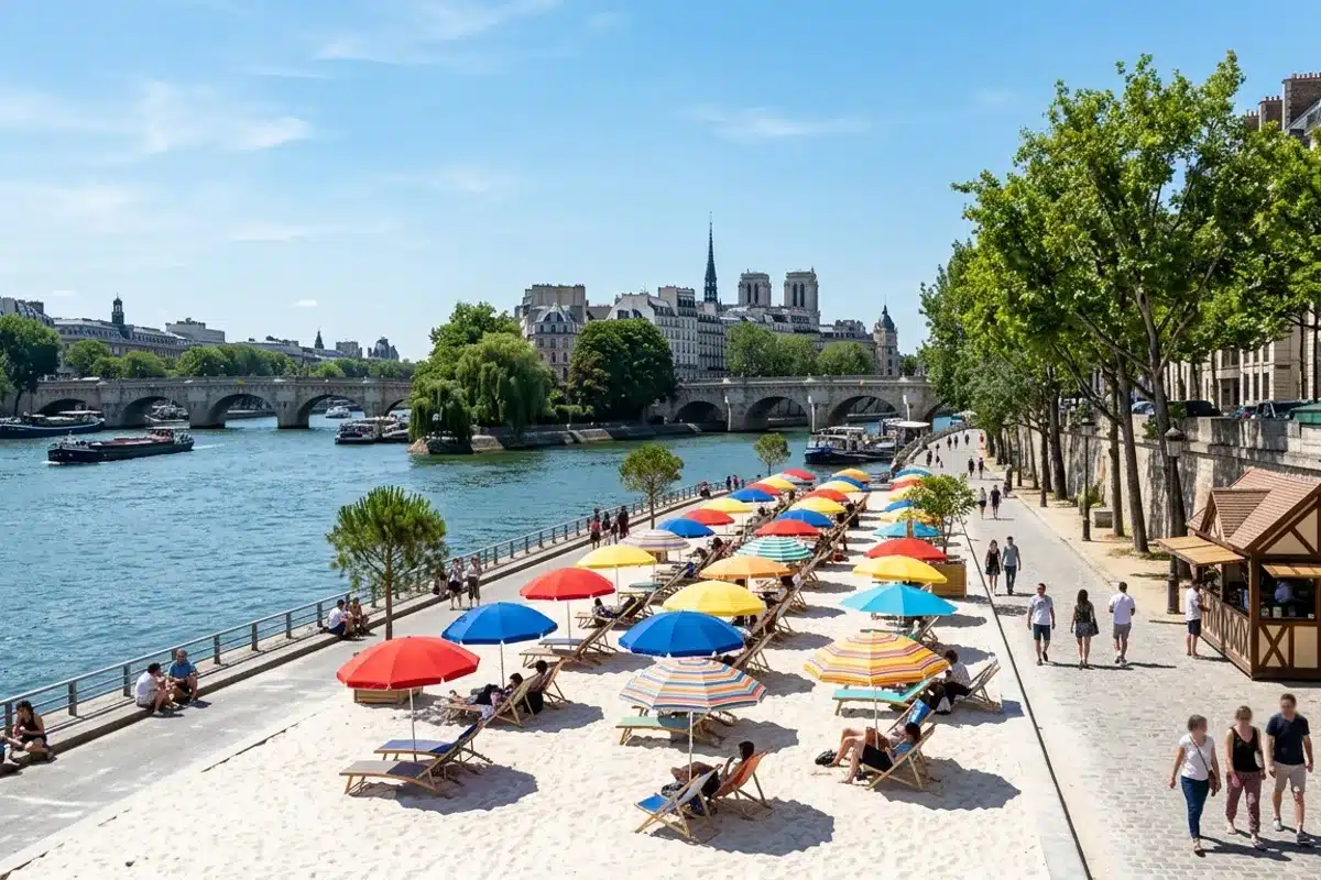 Paris Plages, berge de la Seine aménagée avec parasols et sable, ambiance estivale