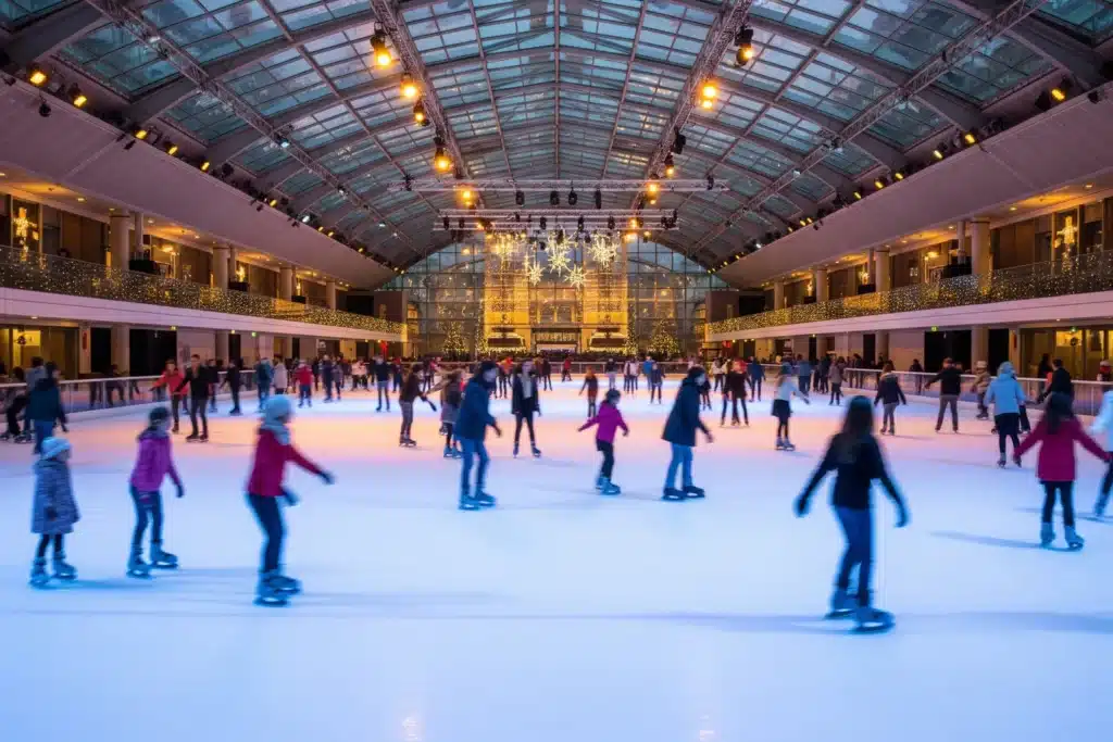 Piste de glace illuminée d'une patinoire parisienne, patineurs en mouvement sous les lumières dorées
