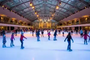 Piste de glace illuminée d'une patinoire parisienne, patineurs en mouvement sous les lumières dorées