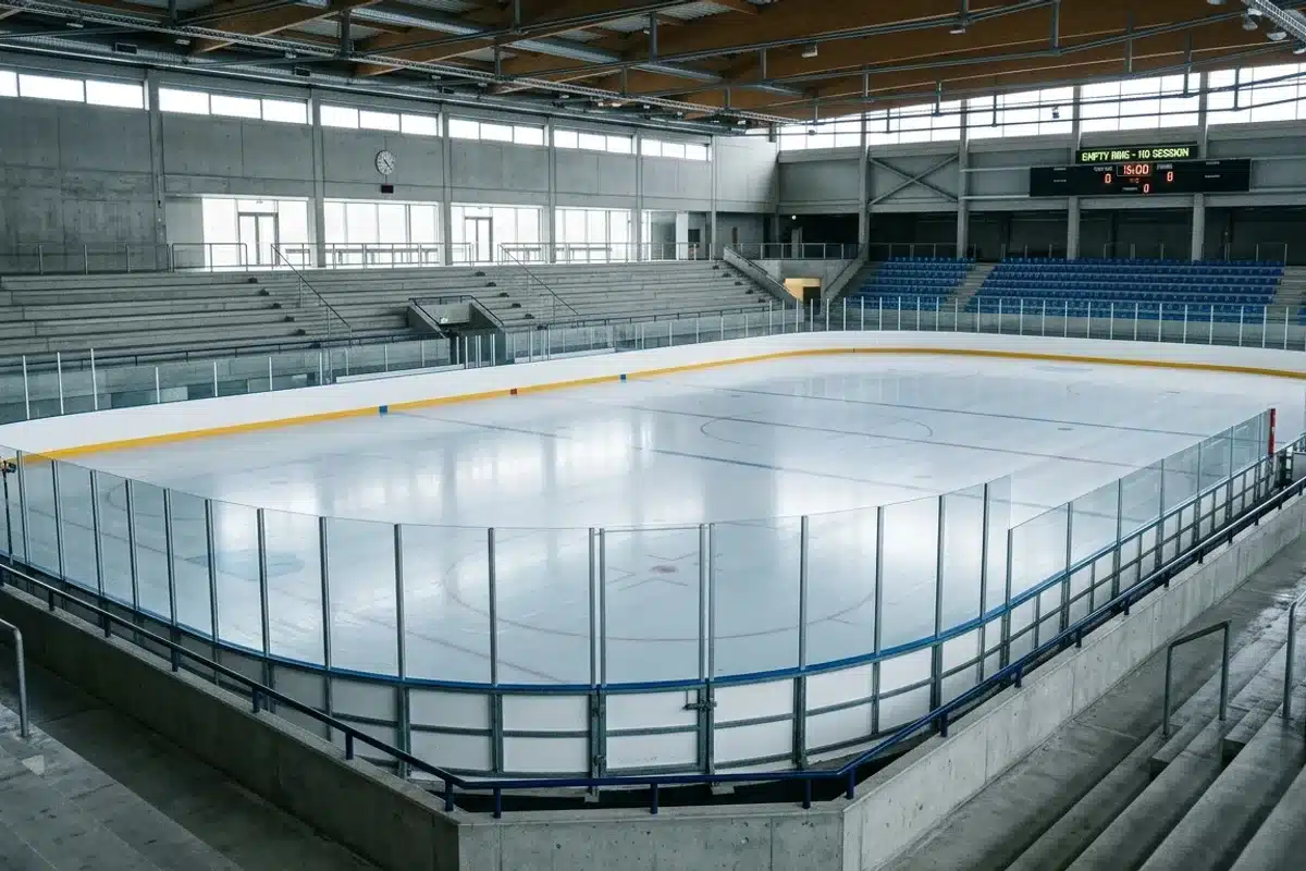Piste de glace vide aux barrières blanches d'une patinoire permanente à Paris