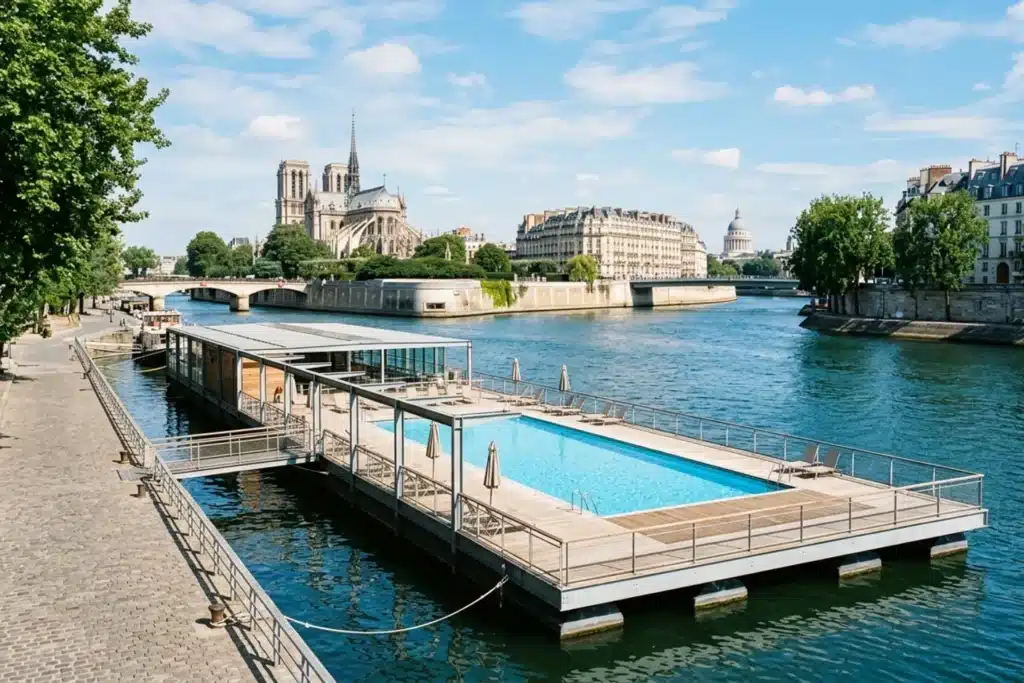 Piscine Joséphine Baker flottante sur la Seine dans le 13e arrondissement de Paris