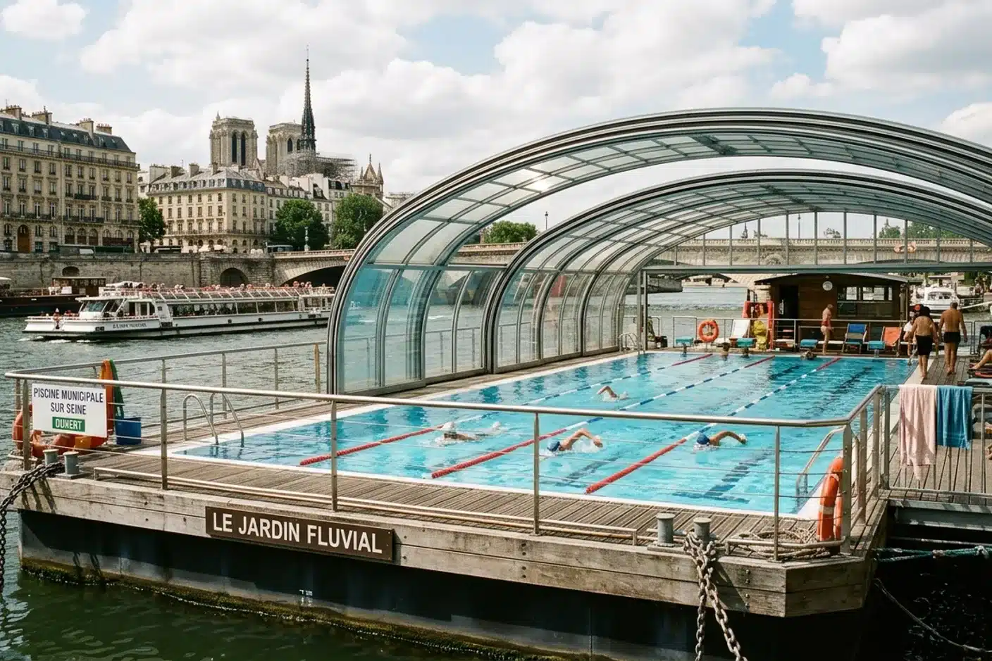 Bassin de la piscine Joséphine Baker avec toit ouvrant Bassin de 25 mètres de la piscine Joséphine Baker avec son toit rétractable ouvert sur la Seine