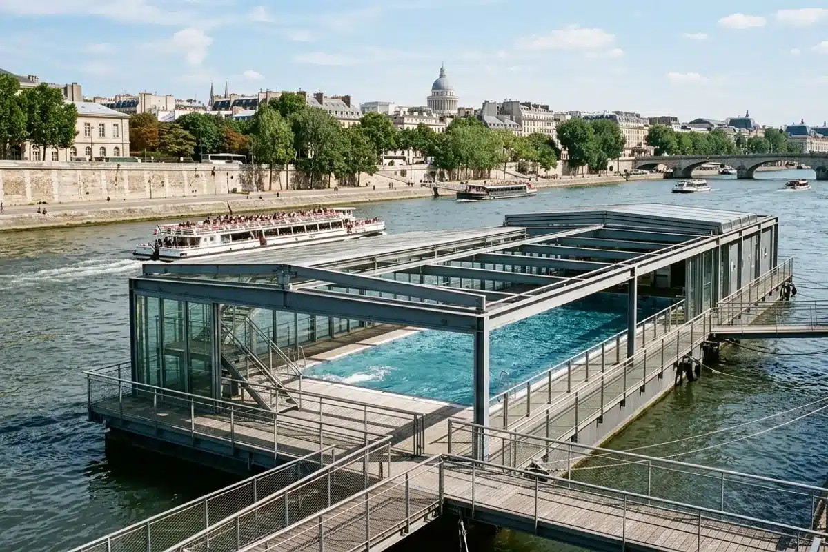 Piscine flottante sur la Seine à Paris Piscine flottante amarrée sur la Seine à Paris, toit de verre ouvert, bateaux et monuments en arrière-plan