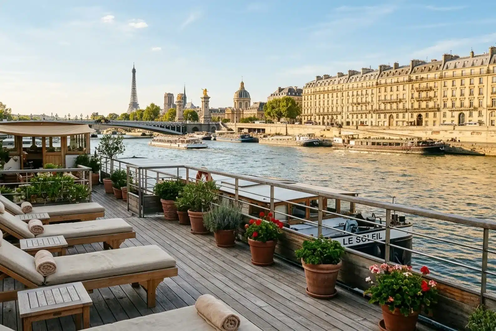 Solarium de la piscine Joséphine Baker avec vue sur la Seine Solarium de 500 m² de la piscine Joséphine Baker avec vue sur la Seine et les quais parisiens