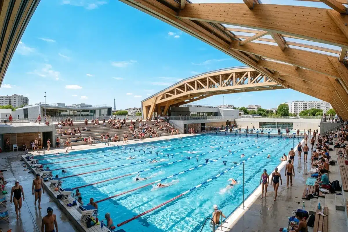 Bassin olympique à toit ouvrant en été Bassin olympique de 50 mètres à Paris, toit en bois ouvert sur le ciel, nageurs dans les couloirs