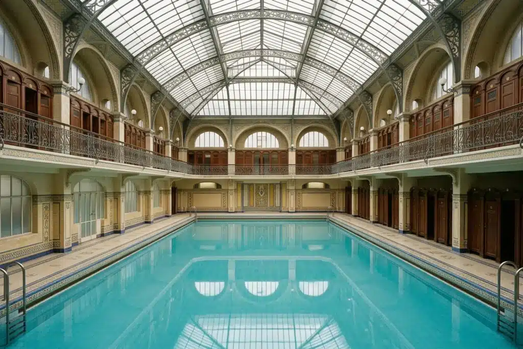 Piscine parisienne de style Art déco, grand bassin turquoise sous une verrière, cabines en bois