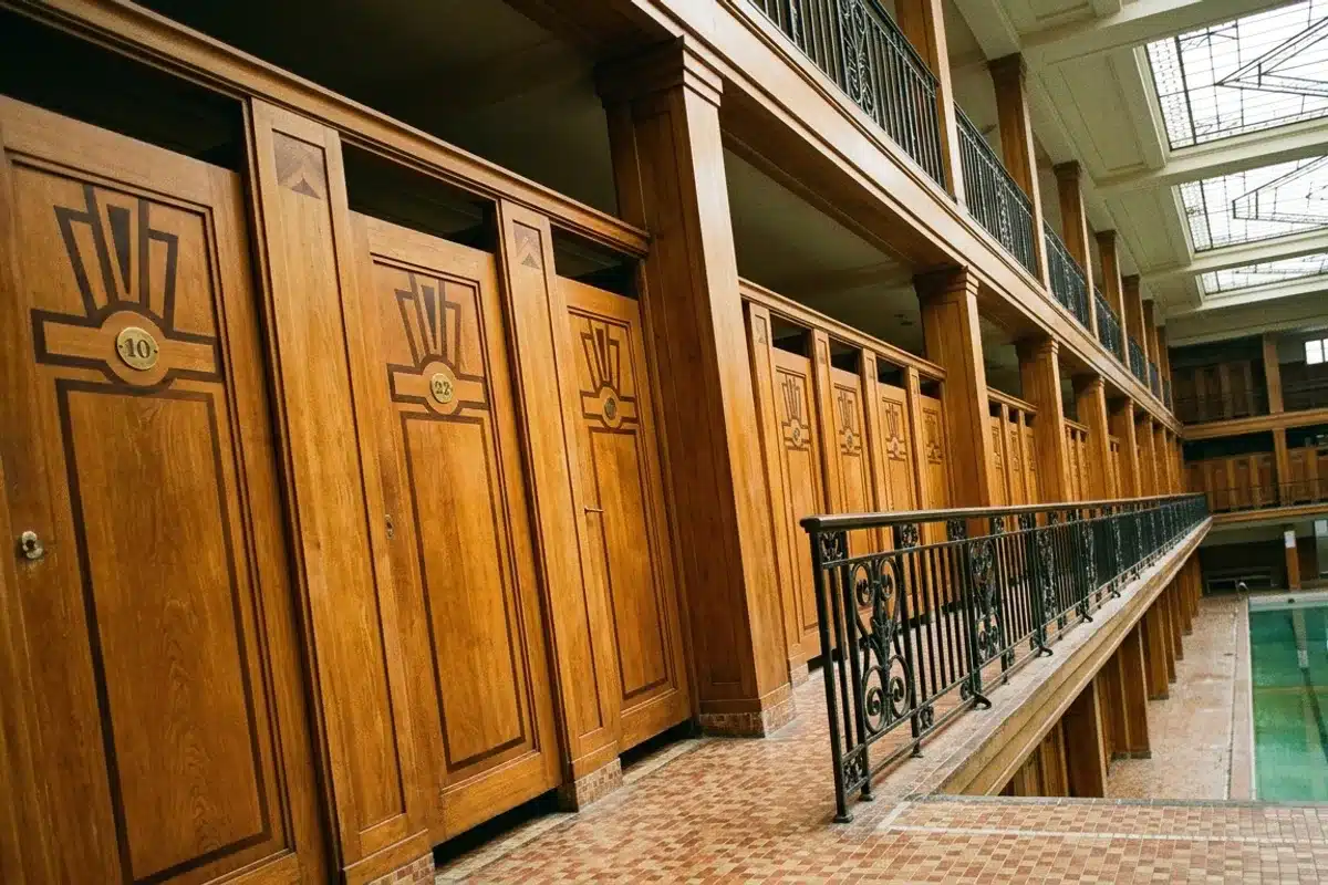 Galerie de cabines individuelles en bois de la piscine Pontoise, architecture Art déco 1933
