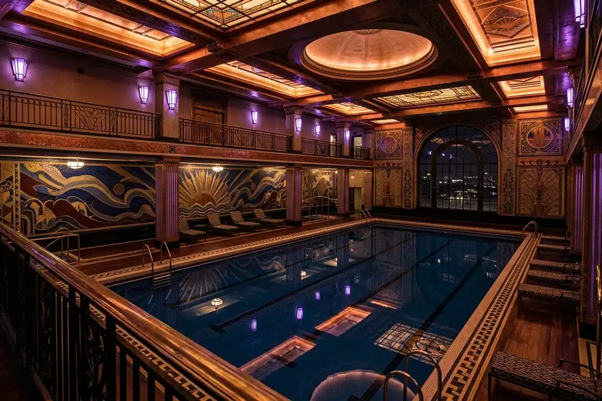 La piscine Pontoise en séance nocturne, lumière cuivrée sur le bassin Art déco