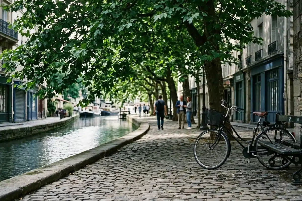 Quai pavé du canal Saint-Martin à Paris, vélo et promeneurs sous les arbres