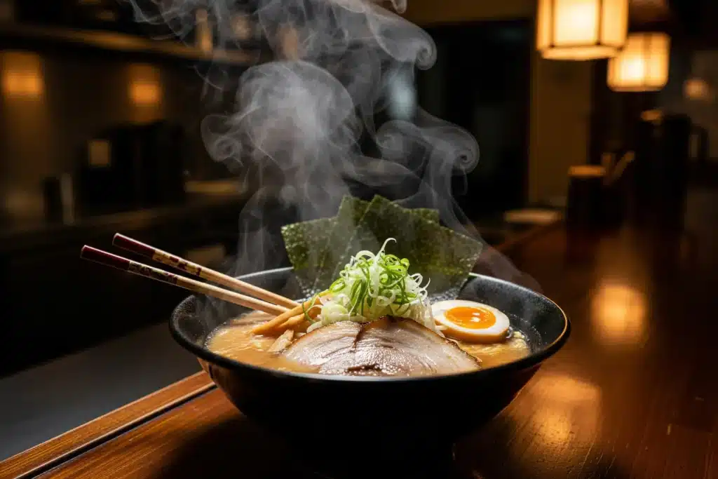 Bol de ramen fumant dans un restaurant japonais à Paris, ambiance tamisée