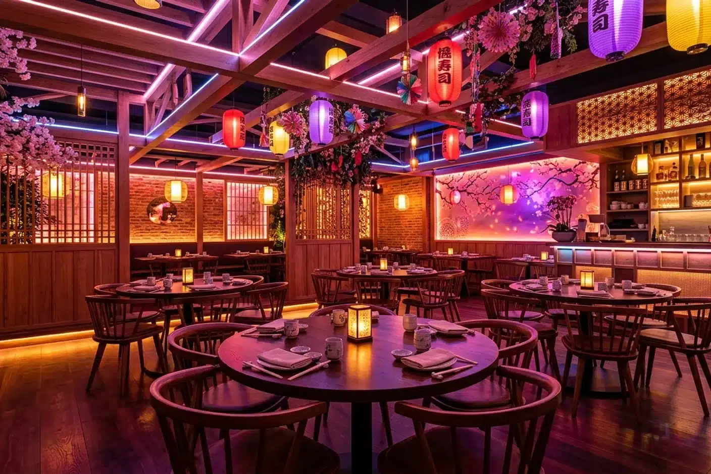 Salle d'un restaurant japonais à Paris aux lumières festives et décor immersif