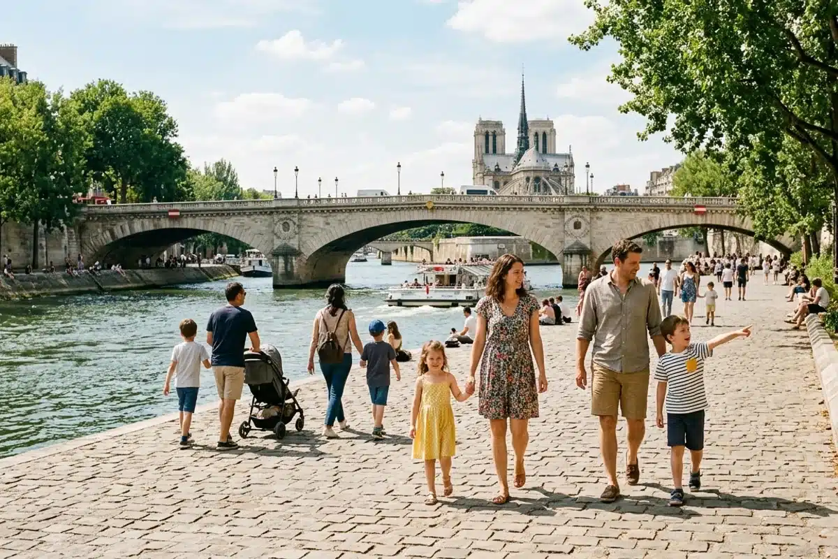 Famille se promenant sur les quais de la Seine à Paris, balade gratuite avec enfants