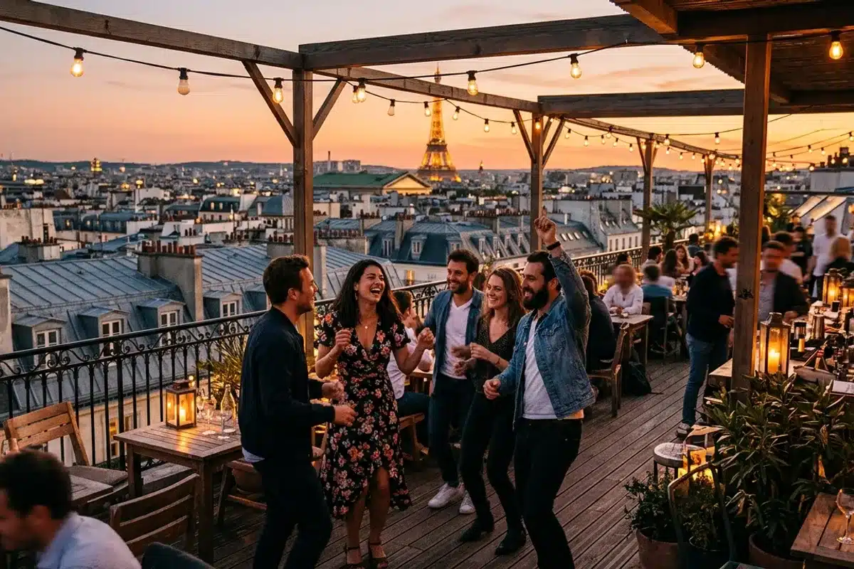 Terrasse rooftop d'un club à Paris au crépuscule, petit groupe qui danse avec les toits de Paris en fond