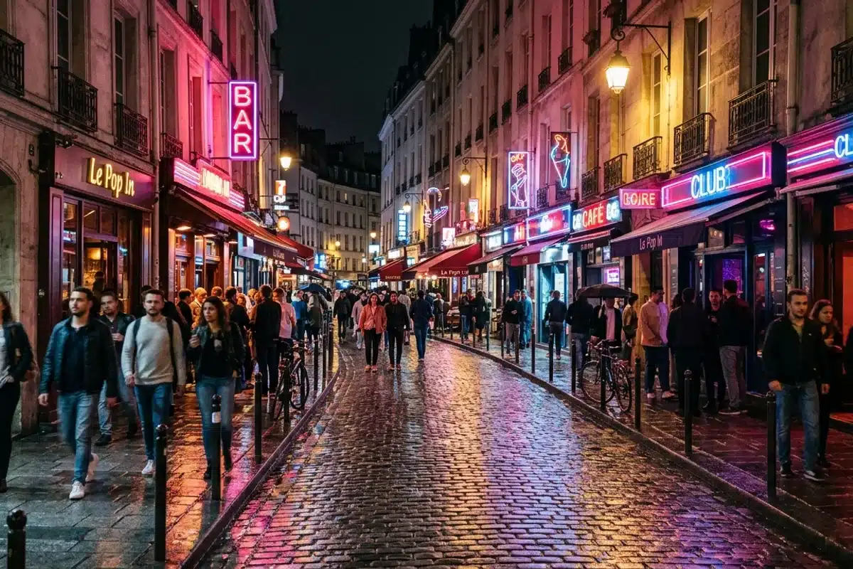 Rue du quartier de Bastille la nuit à Paris, enseignes de bars et de clubs éclairées de néons colorés
