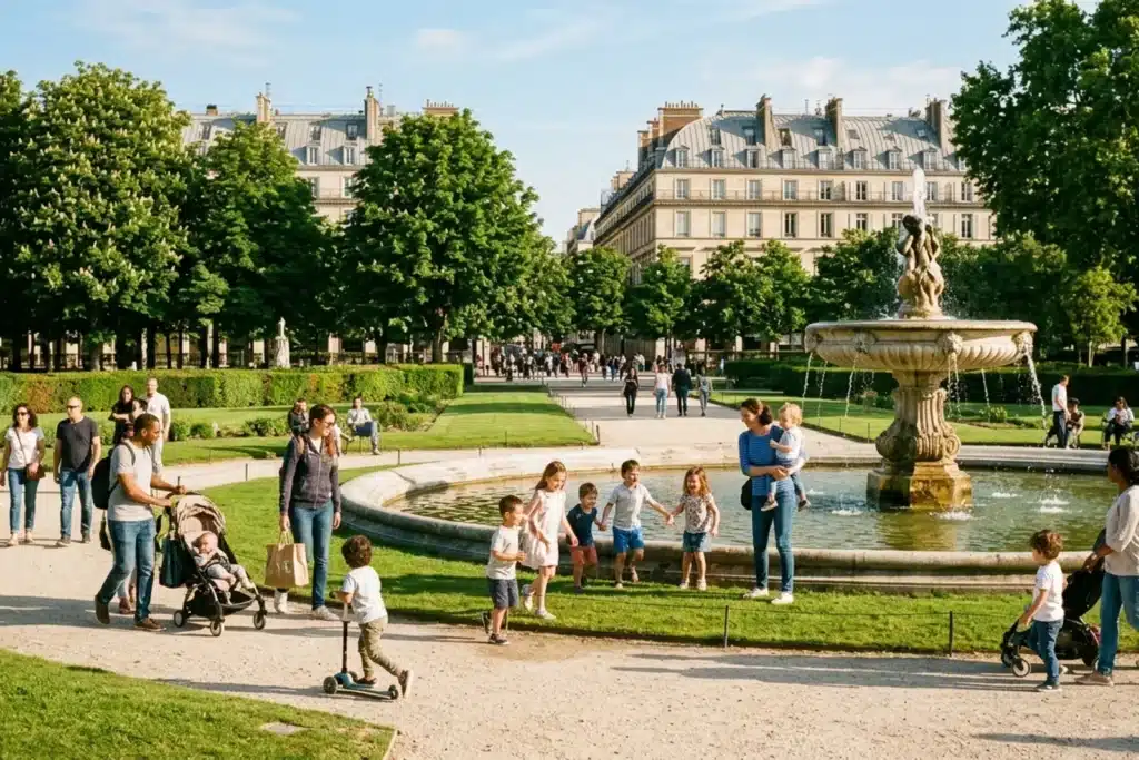 Familles avec enfants profitant d'un jardin parisien ensoleillé, sortie gratuite à Paris