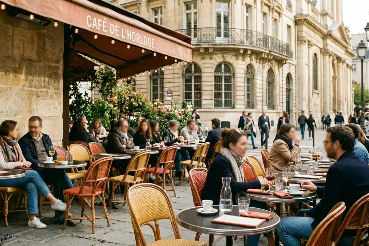 Terrasse animée d'un café parisien au bord du canal Saint-Martin, tables et chaises de bistrot