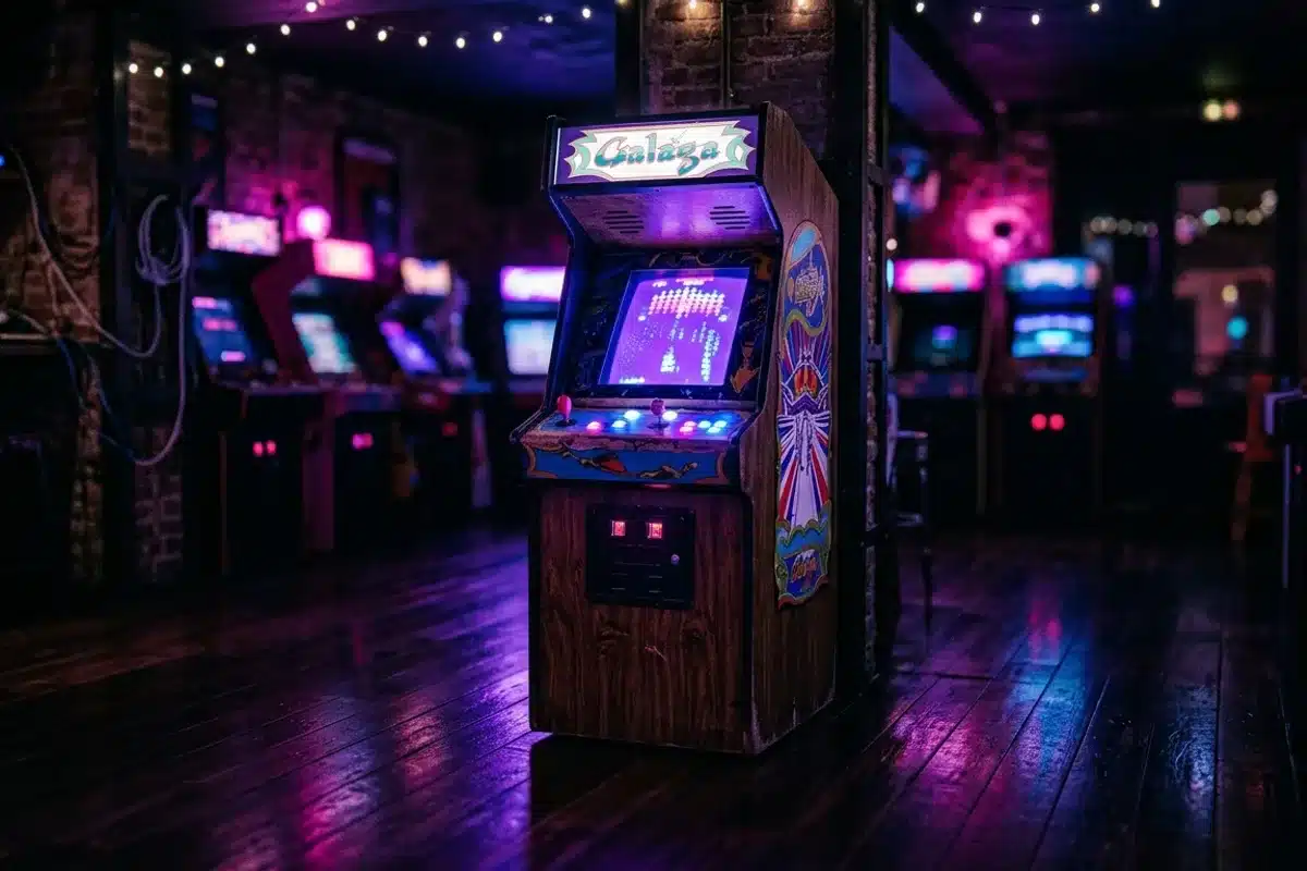 borne d'arcade rétro dans un bar gaming parisien avec des néons bleu et violet