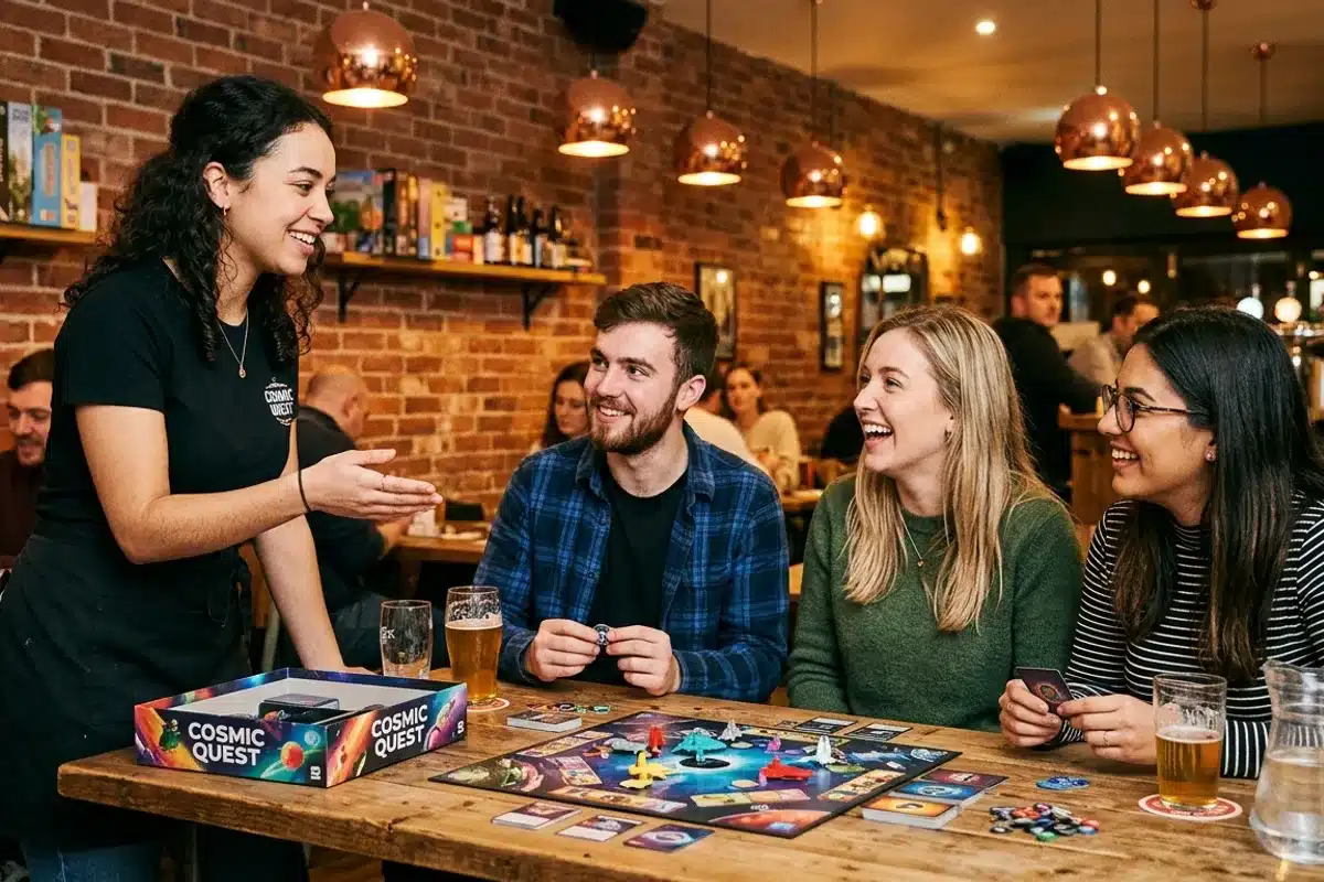 animateur d'un bar à jeux de Paris expliquant les règles d'un jeu de société à trois visiteurs souriants