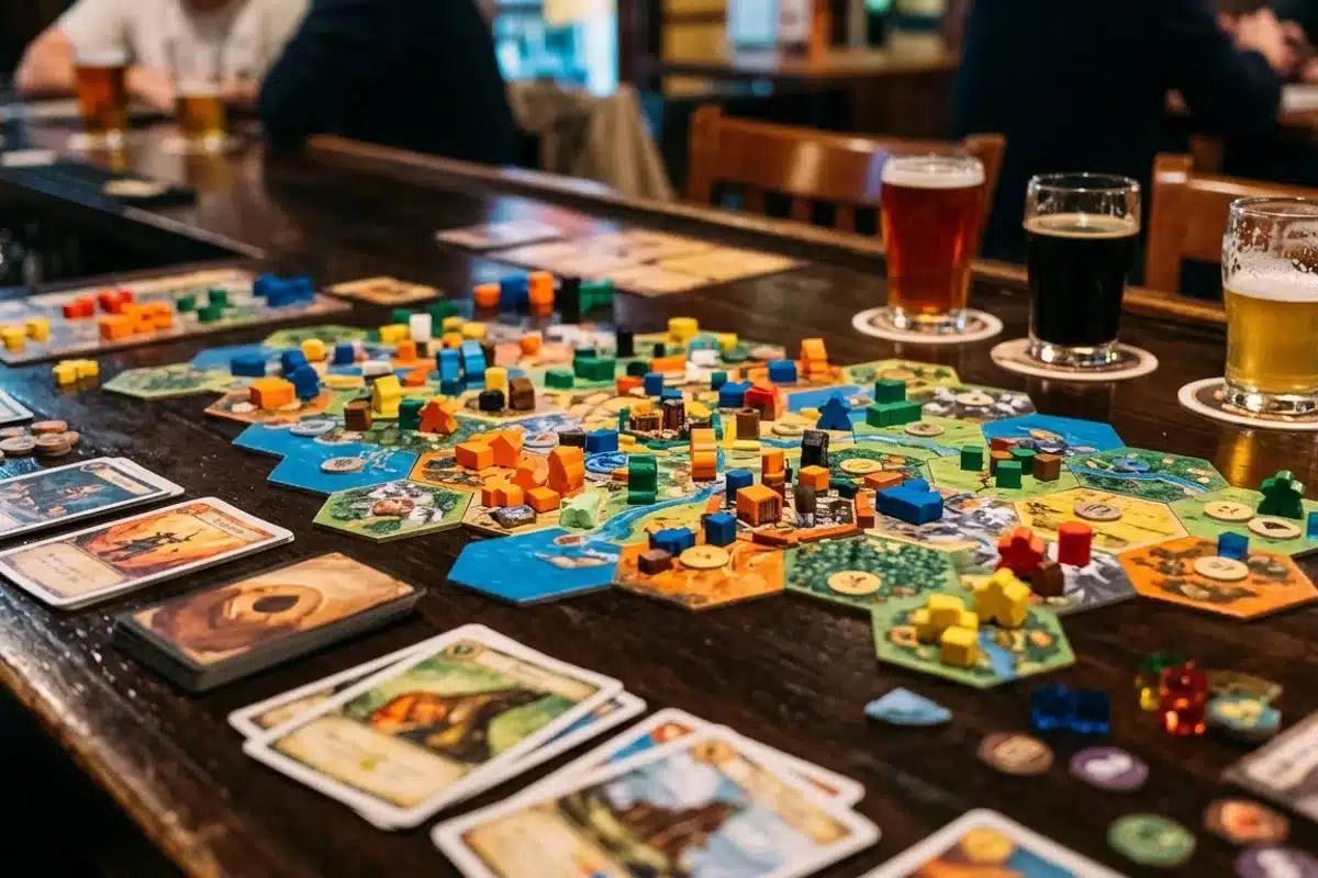 plateau de jeu de société coloré en cours sur une table de bar parisien avec des verres de bière