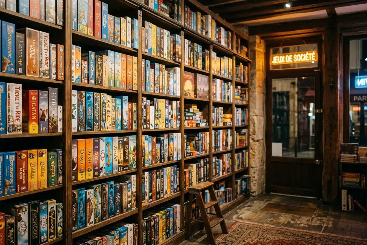 rayonnages remplis de centaines de jeux de société dans un bar à jeux parisien