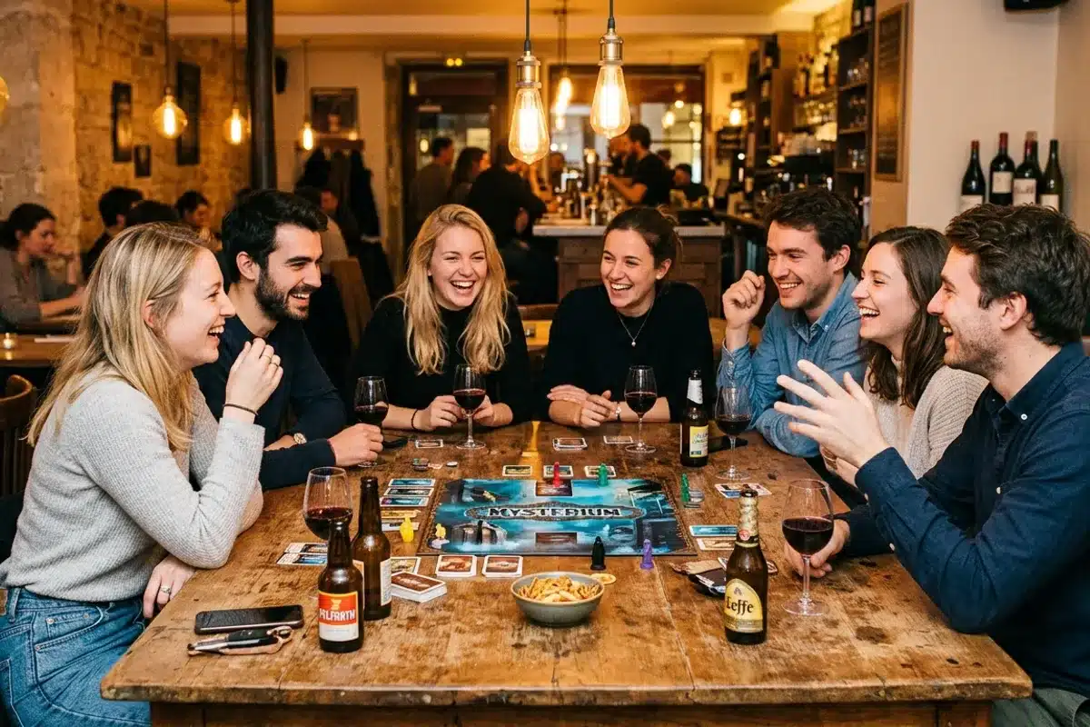 six jeunes adultes jouant à un jeu de société ensemble dans un bar parisien chaleureux