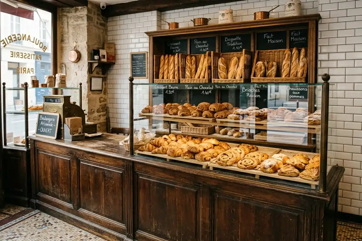 Intérieur de boulangerie artisanale parisienne Comptoir en bois d'une boulangerie artisanale parisienne, présentoir rempli de viennoiseries dorées, ambiance chaleureuse du matin