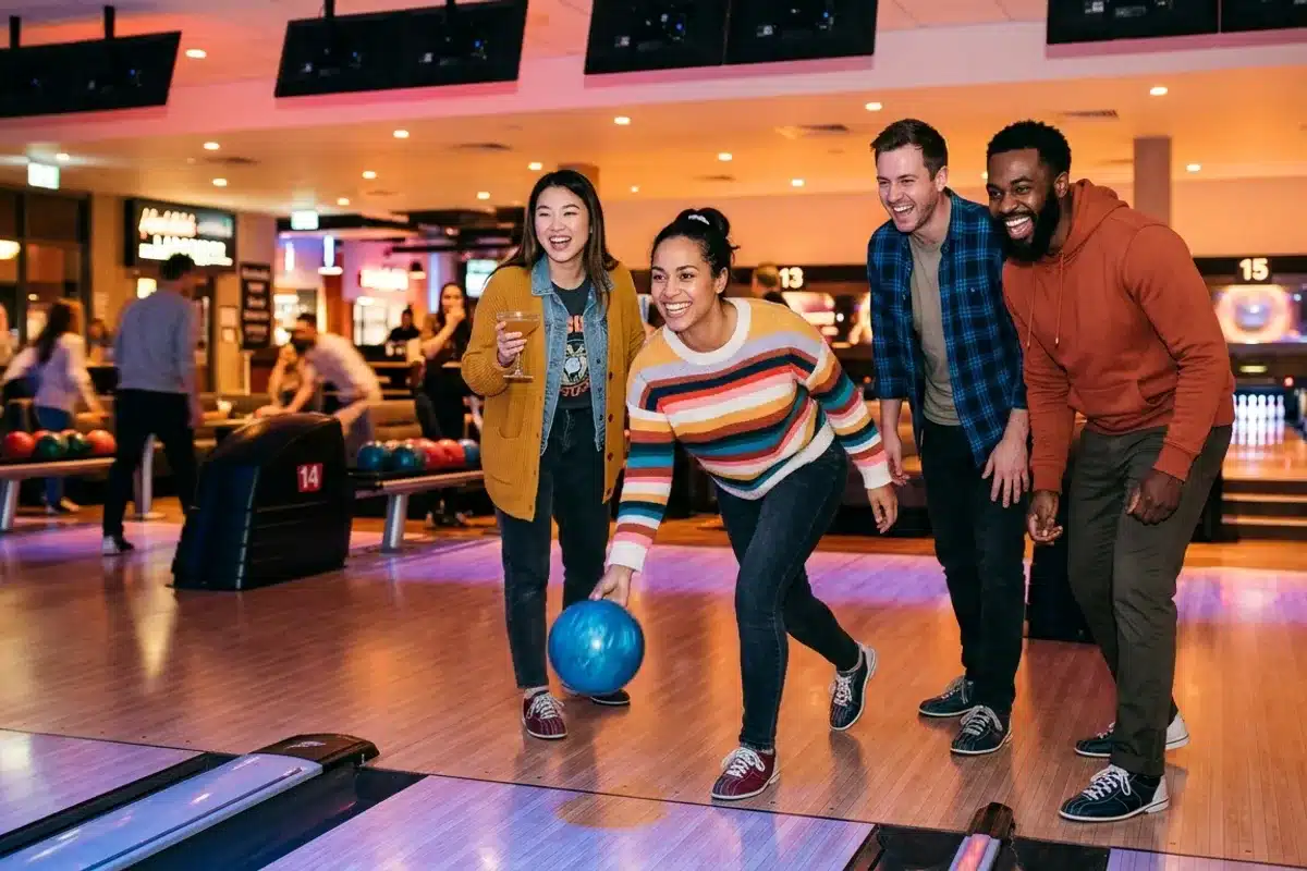Groupe d amis jouant au bowling à Paris dans une ambiance festive et décontractée