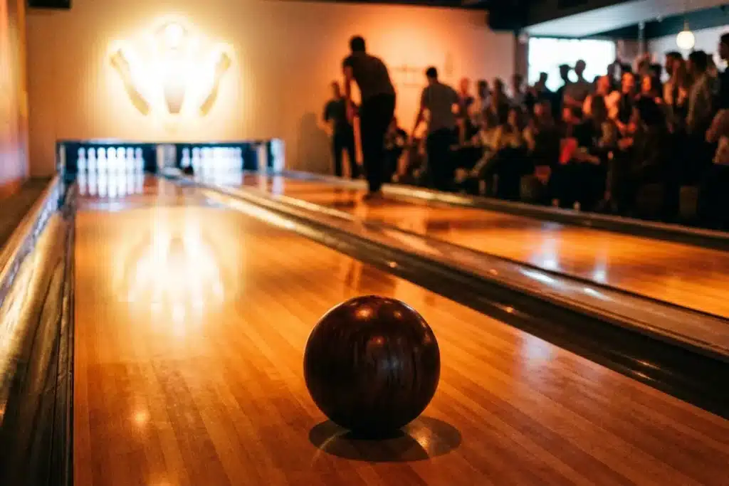 Piste de bowling à Paris avec boule en avant-plan et ambiance de soirée chaleureuse
