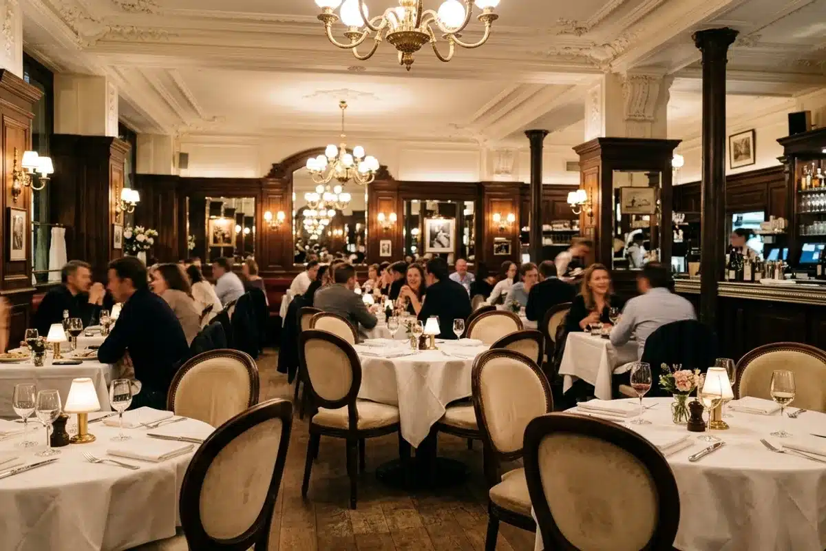 Intérieur élégant d'une brasserie des Champs-Élysées, nappes blanches, boiseries sombres et lustres dorés